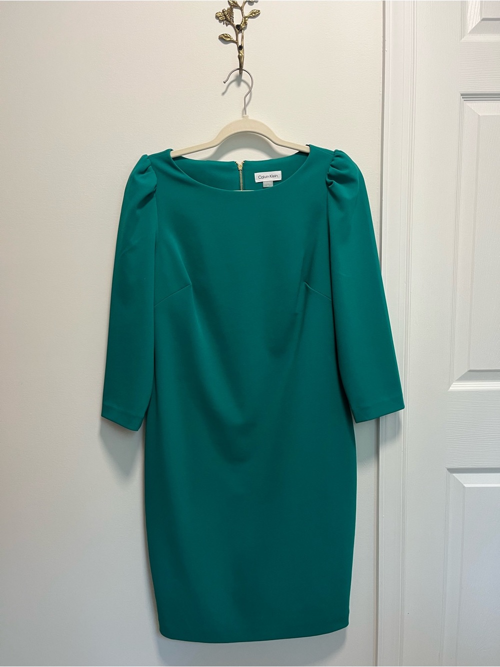 Calvin Klein Emerald/Teal Sheath Dress with Puff Shoulders